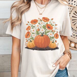 Pumpkins & Wildflowers Autumn Harvest T-Shirt, Cute Outfit, Seasonal Boho Style